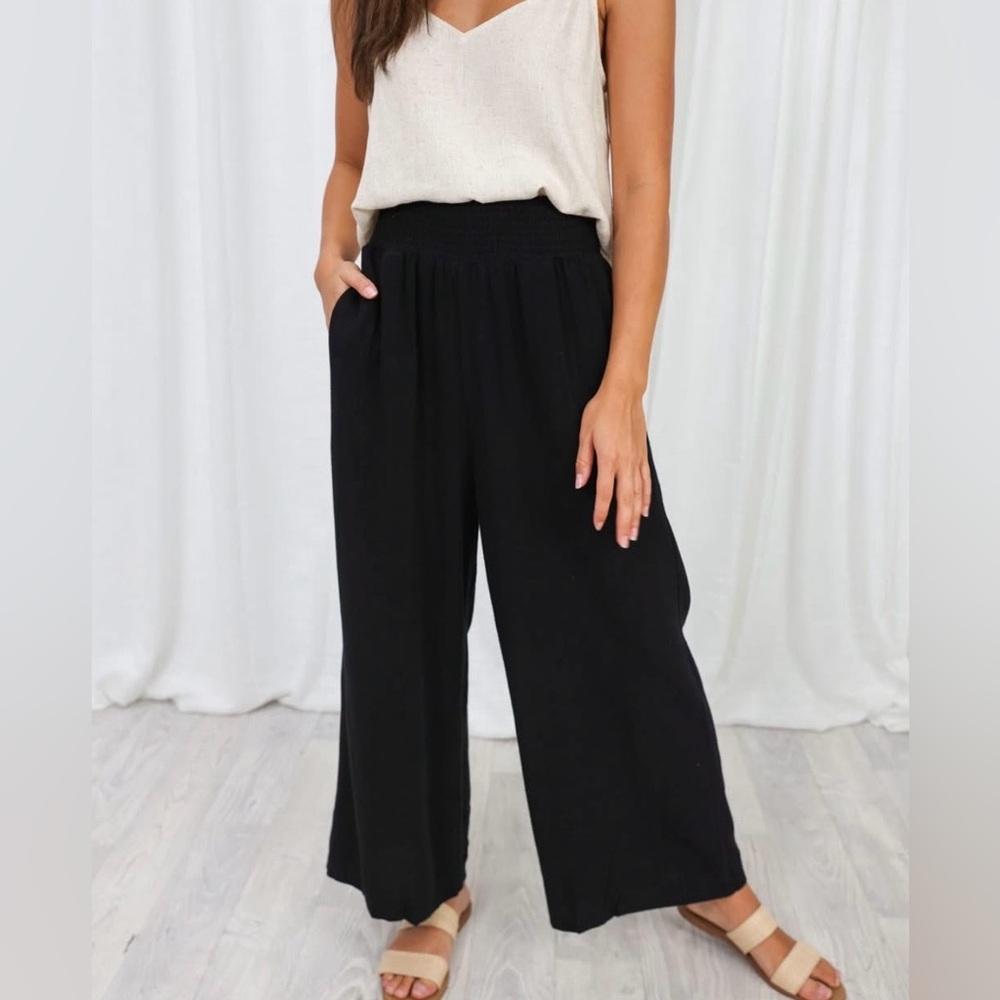 J.Jill Black Linen Wide Leg Pants Elastic Waist Cropped Pockets Minimalist LARGE